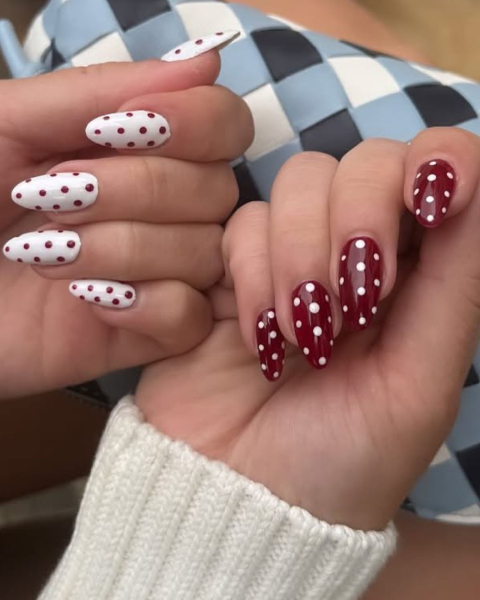 red and white polka dot nails by nailsbyzola